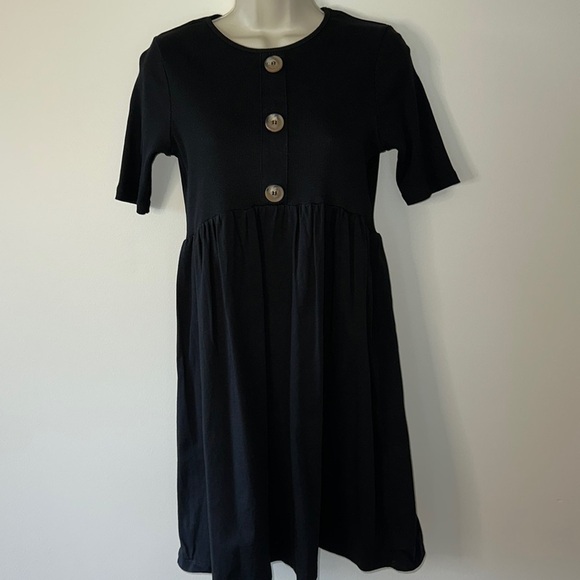ASOS Design Black Mixed Fabric Mini‎ Smock Dress with Faux Horn Button Size 0 - Picture 1 of 11